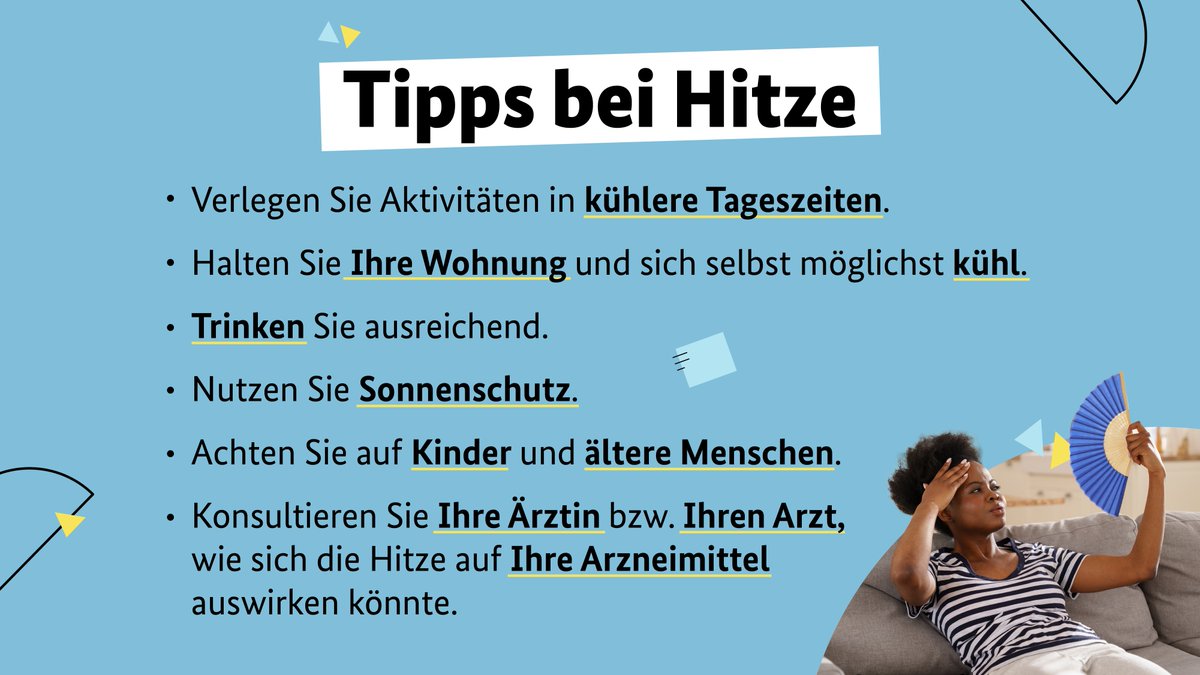 Die folgenden Empfehlungen sollen Sie dabei unterstützen, bei #Hitze gesund zu bleiben.
Weitere hilfreiche Tipps, wie Sie mit hohen Temperaturen im #Sommer umgehen, finden Sie unter klima-mensch-gesundheit.de/hitze-und-hitz….