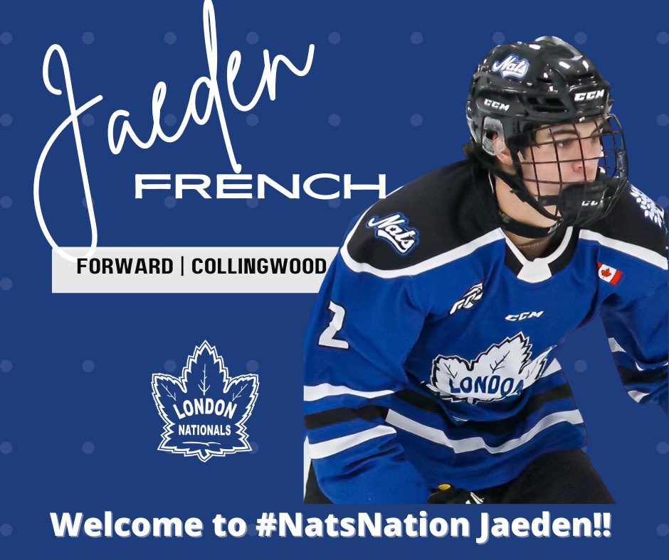 🚨Signing Announcement🚨

The London Nationals are happy to announce that we have signed Jaeden French. 

The 03 born forward played for the <a href="/Exeterhawks/">Exeter Hawks Jr C Hockey</a> of the PJHL. Jaeden comes to us putting up 38 points in 28 games. 

Welcome to #NatsNation Jaeden!