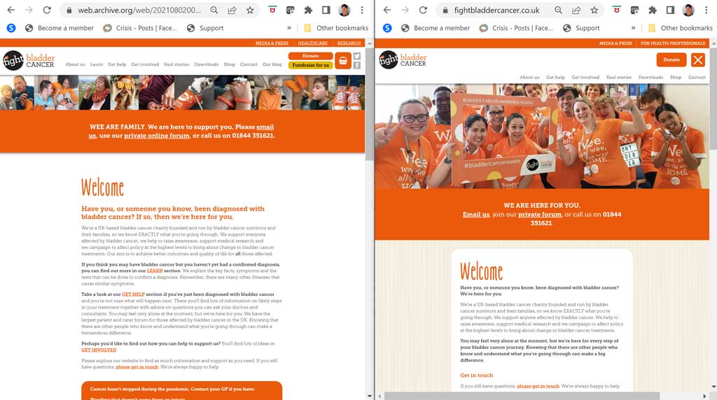 madlinsudn's tweet photo. Very proud of a project completed today at @BladderCancerUK to digitise the patient information booklets and refresh the whole website. Here are a few before and after images. We've streamlined menus and content to make it all easier to use. 

> https://t.co/2xgZFBj9hY https://t.co/Z89CZU0lUT