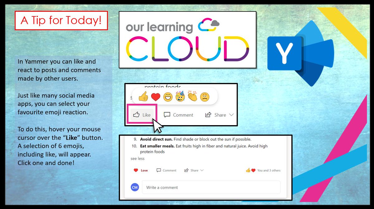 Today's Tip For Today!
In <a href="/Yammer/">Yammer</a>  you can like and react to posts and comments made by other users.

See below for how!
👍❤️😆🥳👏😟

#Yammer #react #OLC_TFT