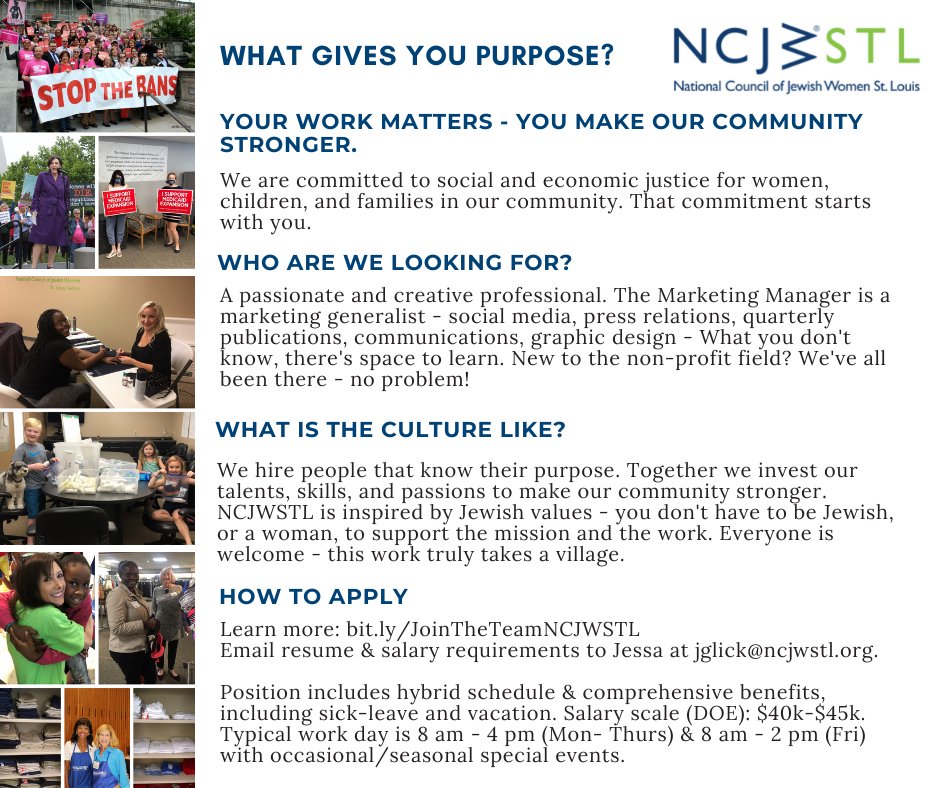 NCJWSTL is hiring!  Don't miss this opportunity to join an organization that was recognized by the STL Women's Foundation as a top place to work in our region.  #Marketing #jobseekers