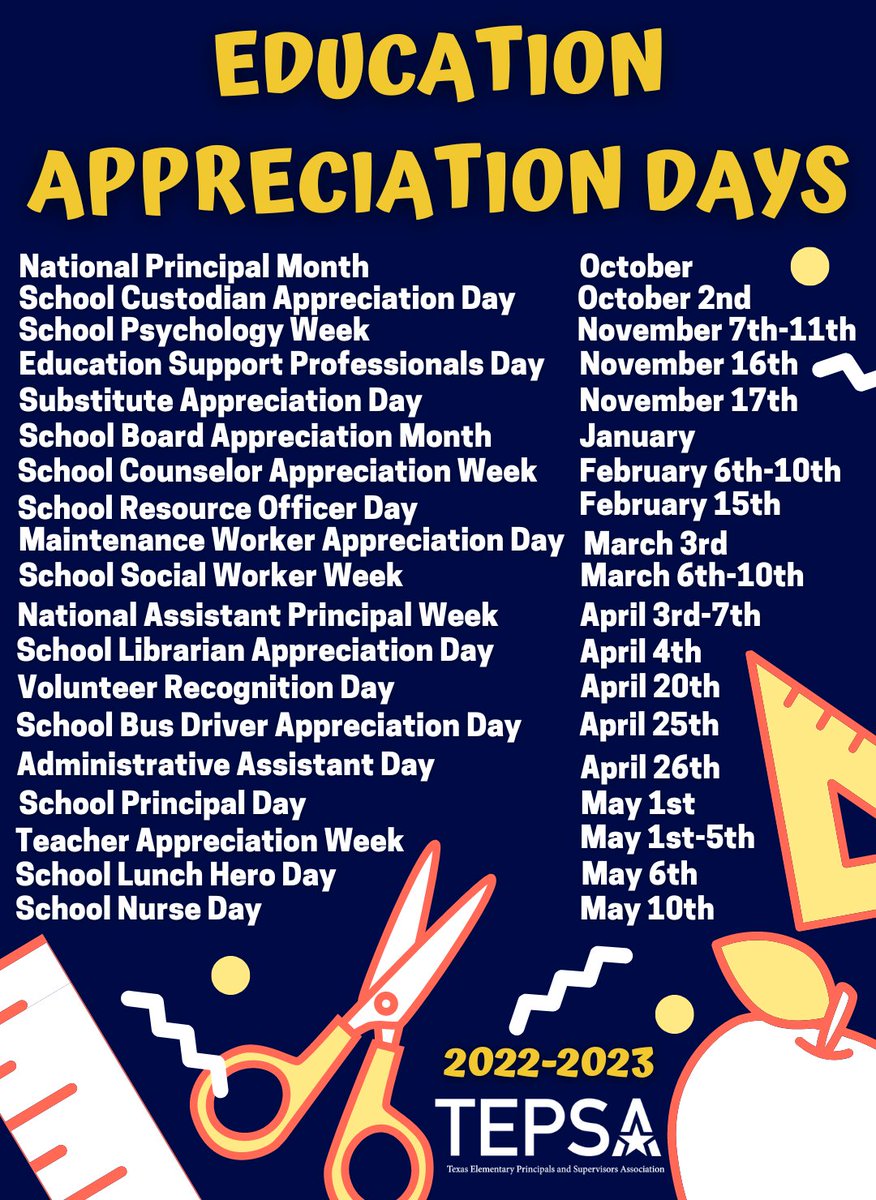 Here is our annual graphic to help you remember some of the celebration days this upcoming school year. AS ALWAYS, this list is NOT all encompassing. This just provides you with a great starting point in celebrating those around you.

#WeLeadTX