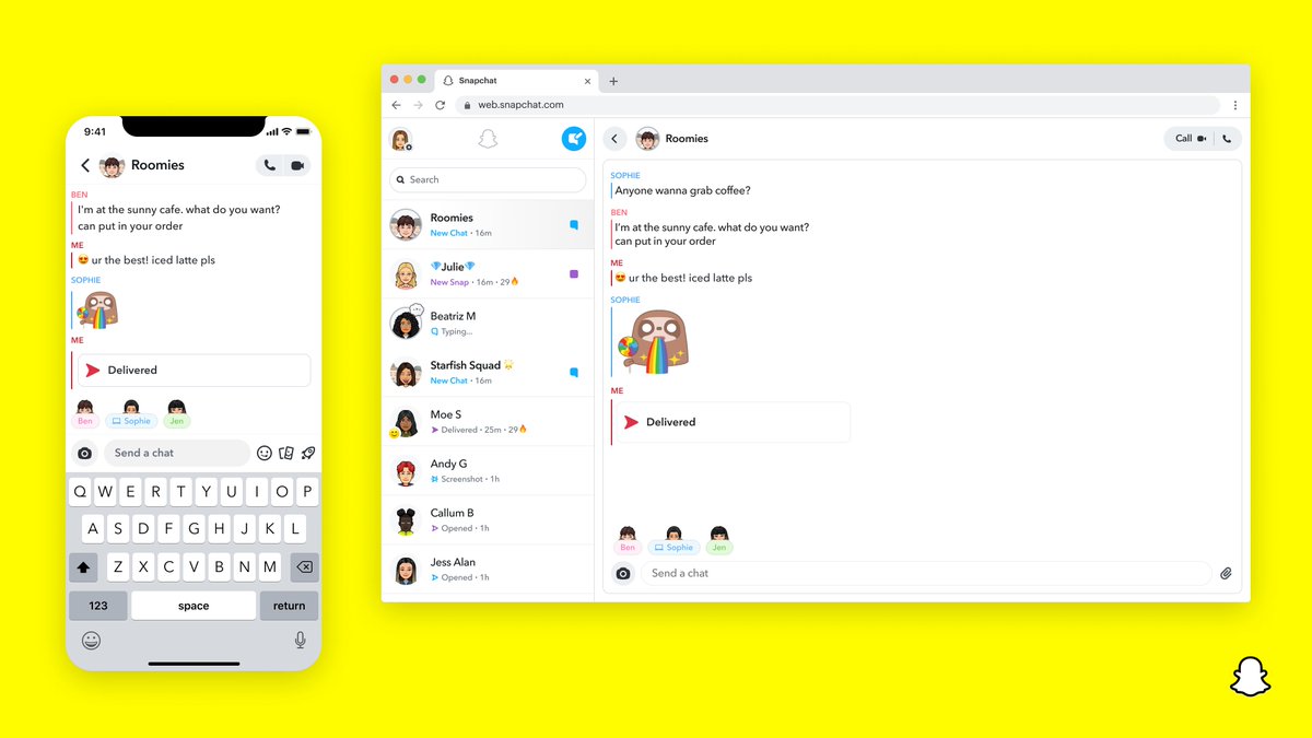 Snapchat. Now on your computer!

Snap, chat, and video call friends with a product designed for friends.

Coming to every computer soon at web.snapchat.com!
