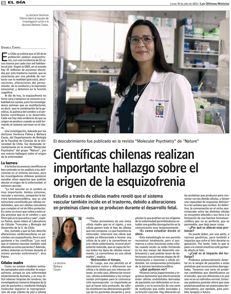 [UCHILE en la Prensa] Científicas chilenas realizan importante hallazgo sobre el origen de la esquizofrenia. <a href="/lun/">Las Últimas Noticias</a> destaca hoy el trabajo liderado por las académicas <a href="/CienciasUChile/">CienciasUChile</a> Verónica Palma y Bárbara Casas, publicado en la revista Molecular Psychiatry de Nature.