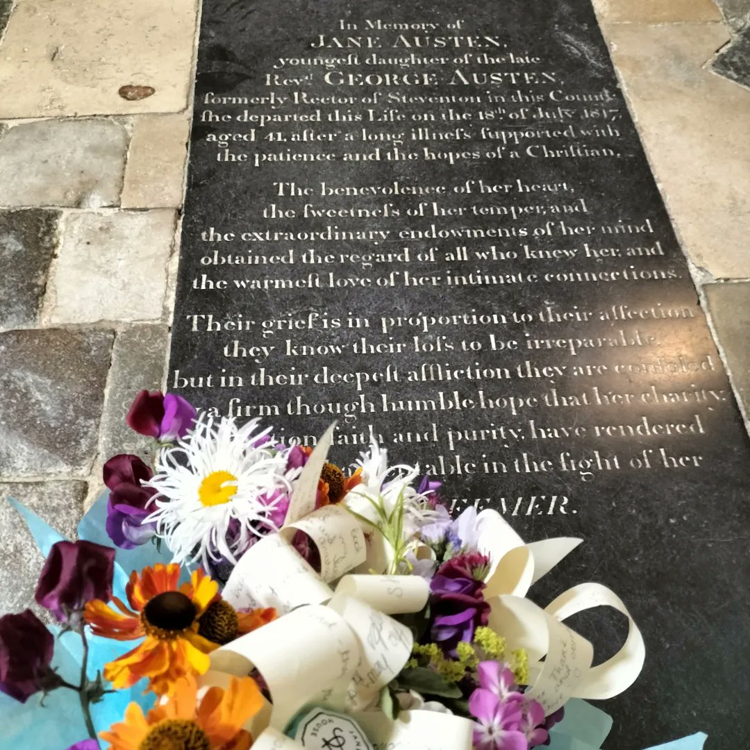 DirectorJAH1's tweet photo. @JaneAustenHouse @CeChawton I left Chawton, with our bouquet earlier this afternoon. I followed almost the same route as Jane would have done. I walked along College Street and then into the coolness of @WinCathedral, before laying our bouquet from @JaneAustenHouse on Jane's grave. https://t.co/im9bwJmNe2