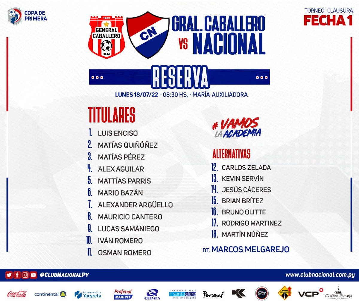 CanteradelTrico's tweet photo. #CanteraTricolor 🔴⚪🔵
#catReserva ⚽️🙋🏻‍♂️

🏆 Torneo #Clausura2022

🗓Fecha 1

¡Final del partido!

Gral. Caballero JLM 2 🆚️ 2 #NACIONAL
📌Goles: 5' PT Lucas Samaniego y 45' ST Martín Núñez.

#VamosLaAcademia 💪🏻 https://t.co/QZ7dXDrvO0