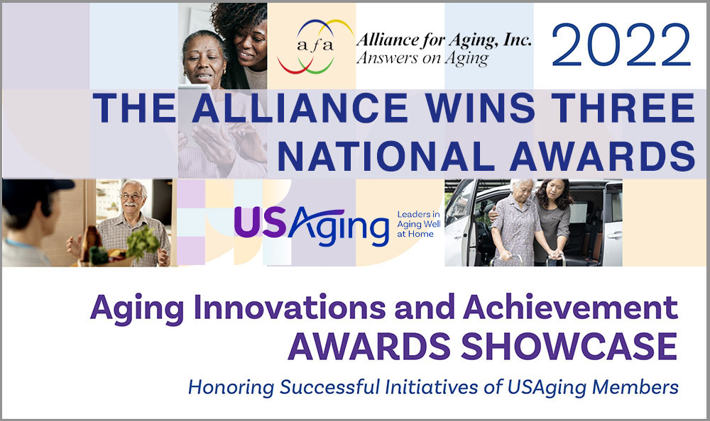 Alliance4Aging's tweet photo. Three programs by The Alliance for Aging recently received 2022 Aging Achievement Awards from USAging - one of the highest honors presented by USAging to its members. 
Learn more: https://t.co/VD9LCYFXRh #eldercare #aging #healthyaging #OlderAdults #WeAgeWell @theUSAging https://t.co/vYHHhkPsOs