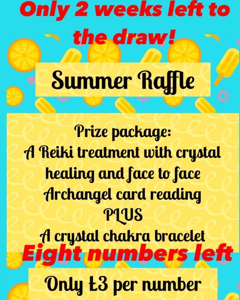 Only 2 weeks left to get your raffle numbers! I only have eight numbers left. Just £3 will give you a chance to win a prize package worth over £40! Definitely worth a go! #raffle #youhavetobeinittowinit #prizepackage #reiki #angelmessages #crystalhealing ☘️🎁