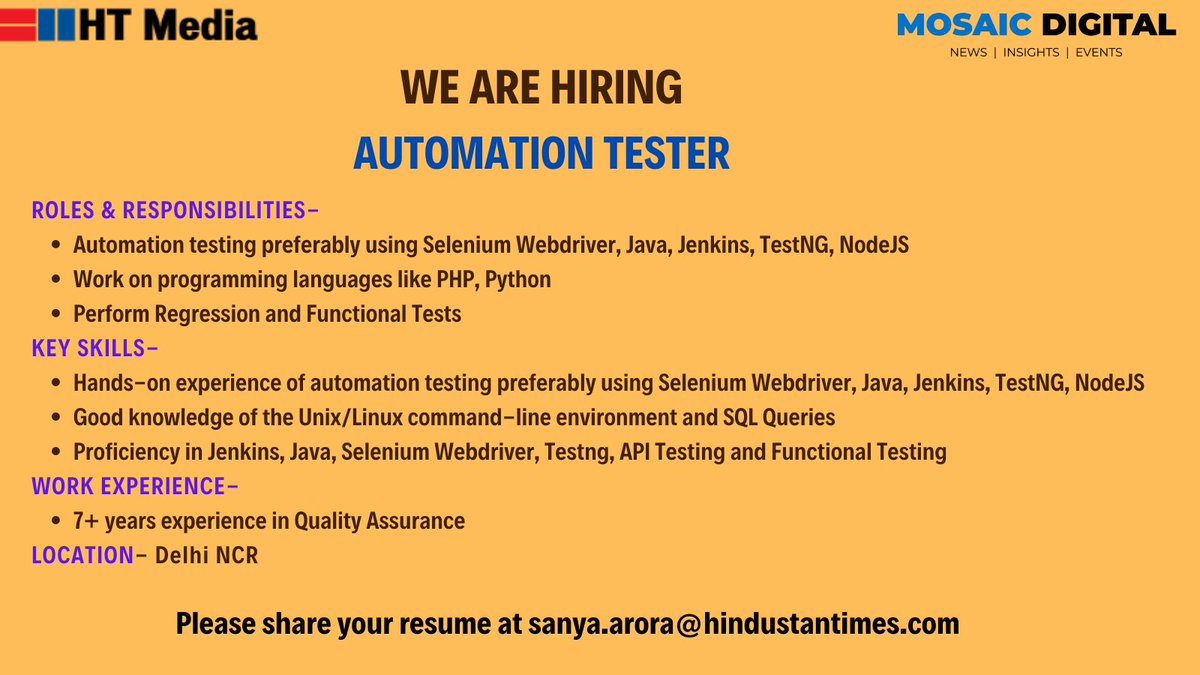 Mosaic Digital (@mosaicdigitalin) on Twitter photo #HiringAlert
<a href="/htTweets/">Hindustan Times</a> | <a href="/vccircle/">VCCircle</a> | <a href="/TechCircleIndia/">TechCircle</a> | <a href="/Ishitta27/">Ishitta</a>
#hiringnow #hiring2022 #automationtesting #automationtester #automationtestingjobs #automation #automationjobs #programminglanguages #programming #sqlqueries #qualityassurance #delhincrjobs #HiringAlert
<a href="/htTweets/">Hindustan Times</a> | <a href="/vccircle/">VCCircle</a> | <a href="/TechCircleIndia/">TechCircle</a> | <a href="/Ishitta27/">Ishitta</a>
#hiringnow #hiring2022 #automationtesting #automationtester #automationtestingjobs #automation #automationjobs #programminglanguages #programming #sqlqueries #qualityassurance #delhincrjobs