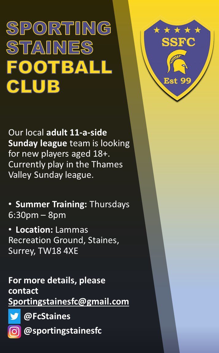 Sporting Staines Football club is looking for new players to join our adult 11-a-side Sunday league team. Contact sportingstainesfc@gmail.com for more details #staines #football