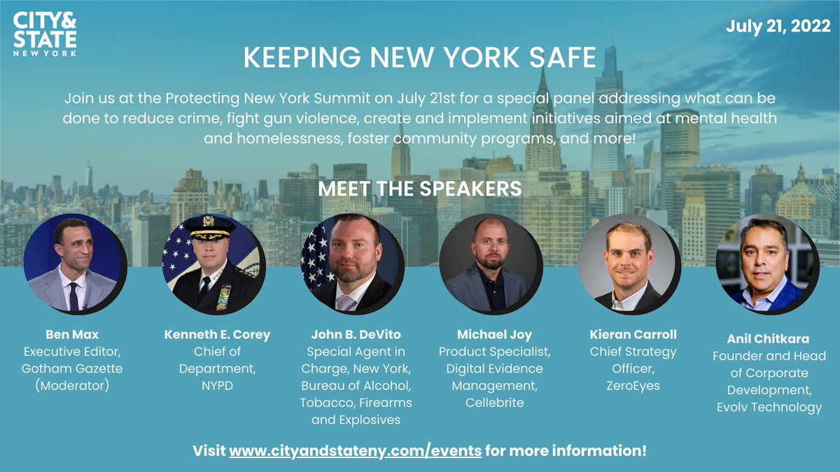 CSNY_Events's tweet photo. This Thursday, join us for a panel addressing keeping New Yorkers safe with @TweetBenMax, @NYPDChiefOfDept Kenneth Corey, @ATFNewYork’s John DeVito, @Cellebrite_UFED’s Michael Joy, @ZeroEyesAI’s Kieran Carroll &amp; @EvolvTechnology’s Anil Chitkara! RSVP: https://t.co/IxjCgXh1F1 https://t.co/xoVfO1GnGZ