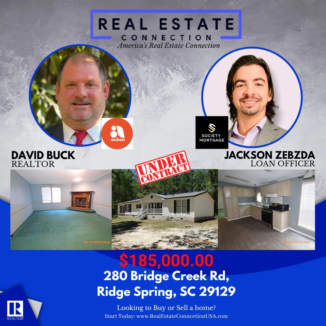 UNDERCONTRACT
280 Bridge Creek Rd, Ridge Spring, SC 29129

Huge congrats to our very own amazing and hardworking REC star agent David Buck and LO Jackson Zebzda of @SocietyMortgage for helping our mutual client find this beautiful property.

#RealEstateConnectionUSA #SCproperties