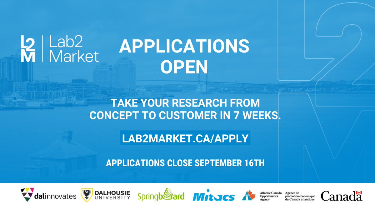 Lab2Market applications are now open!

Are you a Masters or PhD student, or a recent grad from an Atlantic Canadian university? 

Do you want to validate the commercial potential of your research?

Apply at lab2market.ca/apply/
Made possible thanks to <a href="/Mitacs/">Mitacs</a> and <a href="/ACOACanada/">ACOA Canada</a>