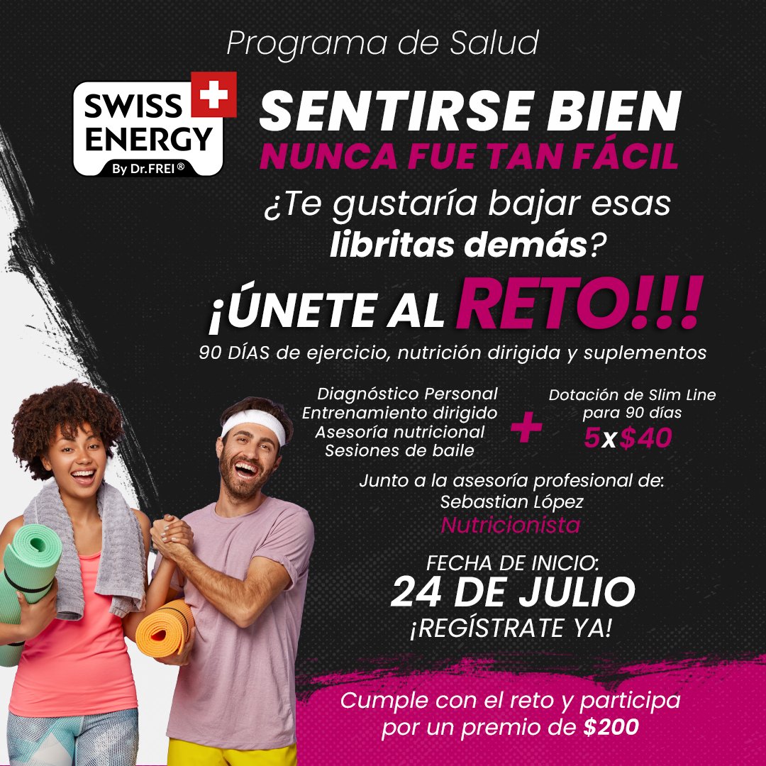 📣Hey! 🗣🗣🗣 todo listo para #UnirteAlReto #SwissEnergy?😏😁
Te gustaría GANAR DINERO? 💰💸 por solo:
⬇️Bajar tu % de grasa 🔥
⬆️Subir músculo 💪🏼
🔄Cambiar tallas 👙
Y lo más importante 🆒Sentirte mejor que nunca💃🏻🏃🏻
💟Son 90 días de ejercicio, nutrición dirigida y suplementos.