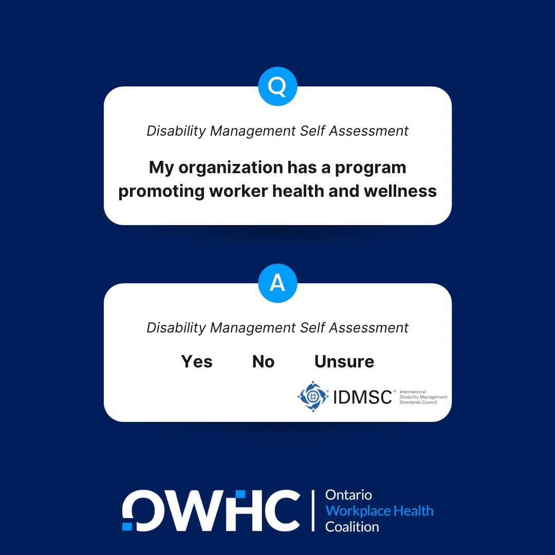 What’s it going to be for your answer to question 19 of the #IDMSC Disability Management Self Assessment (#DMSA)? 📑

🏅Health promotion and wellness is one of 16 elements within disability prevention!

Learn more here: idmsc.org/dmsa/backgroun…  

#nidmar #disabilitymanagement