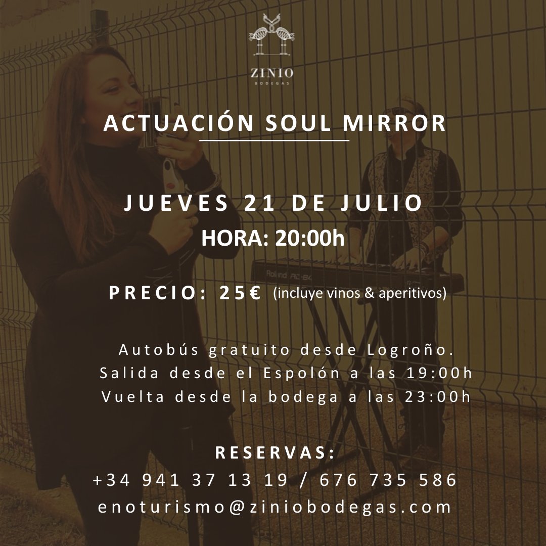 ZinioBodegas's tweet photo. 🎤 El dúo musical Soul Mirror pondrá la banda sonora a la tarde del 21 de julio. Itziar Berradre (voz) y Luisma Hernández (piano) nos harán vibrar al ritmo de los clásicos del soul, temas pop de actualidad y grandes baladas de rock #ziniobodegas #elveranoeszinio https://t.co/QLDQbe5QOl