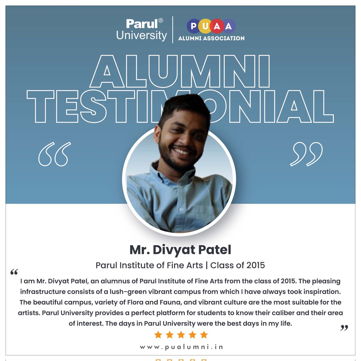 ParulAlumni's tweet photo. PU Alumni Association is filled with gratitude for Mr. Divyat Patel as he shares his sweet words for the university.
PU Alumni Association is proud to have alumni like Divyat.
#AlumniTestimonial
#ThankYouPU
#ProminentAlumni
#PUAlumniAssociation
#ParulUniversity https://t.co/QSowkj5nIp