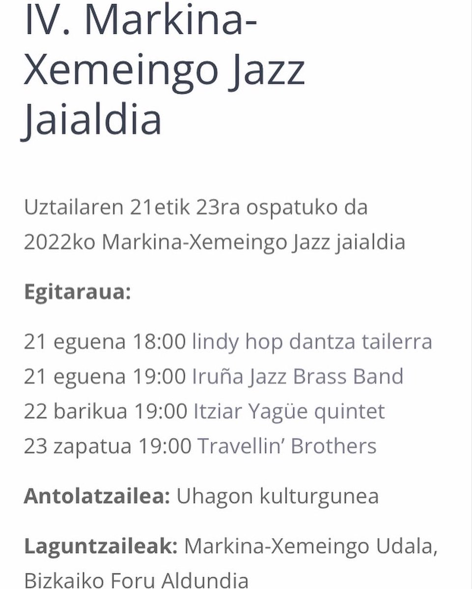 El jueves 21 de julio nos vemos en el Festival de Jazz de Markina-Semein con la Iruña Jazz Brass Band a las 19:00. Recorreremos las calles junto a los amigos y amigas de <a href="/BigKickPamplona/">Big Kick</a> y el alumnado del taller que impartirán previo a nuestro pasacalles. ¡Os esperamos!