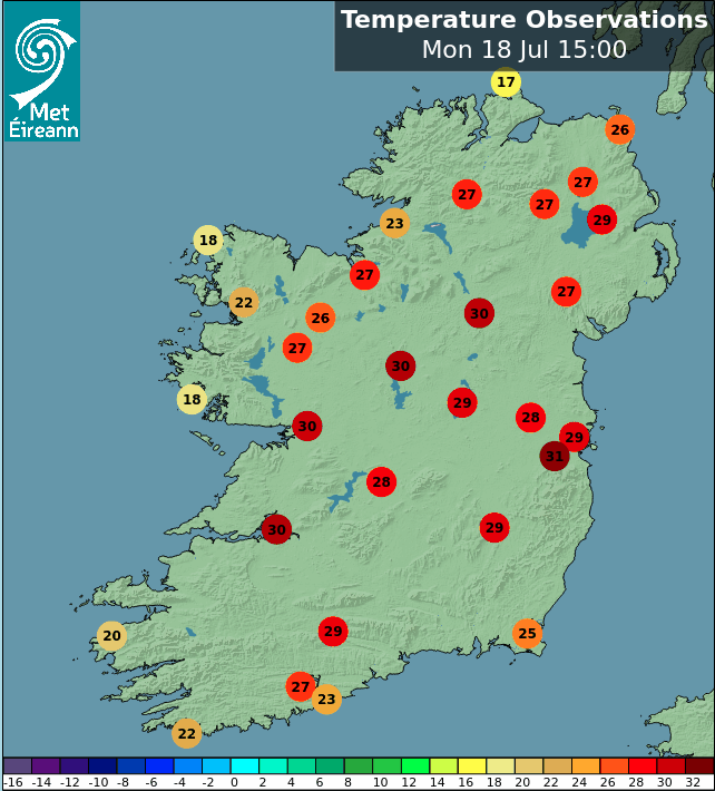 Here are the latest air temperatures 🥵 📈 Highest air temperature recorded today was 33.0C at the Phoenix Park, Co. Dublin.

This is a new all time national record for the month of July, and the highest air temperature recorded in Ireland the 20th and 21st centuries🗓️