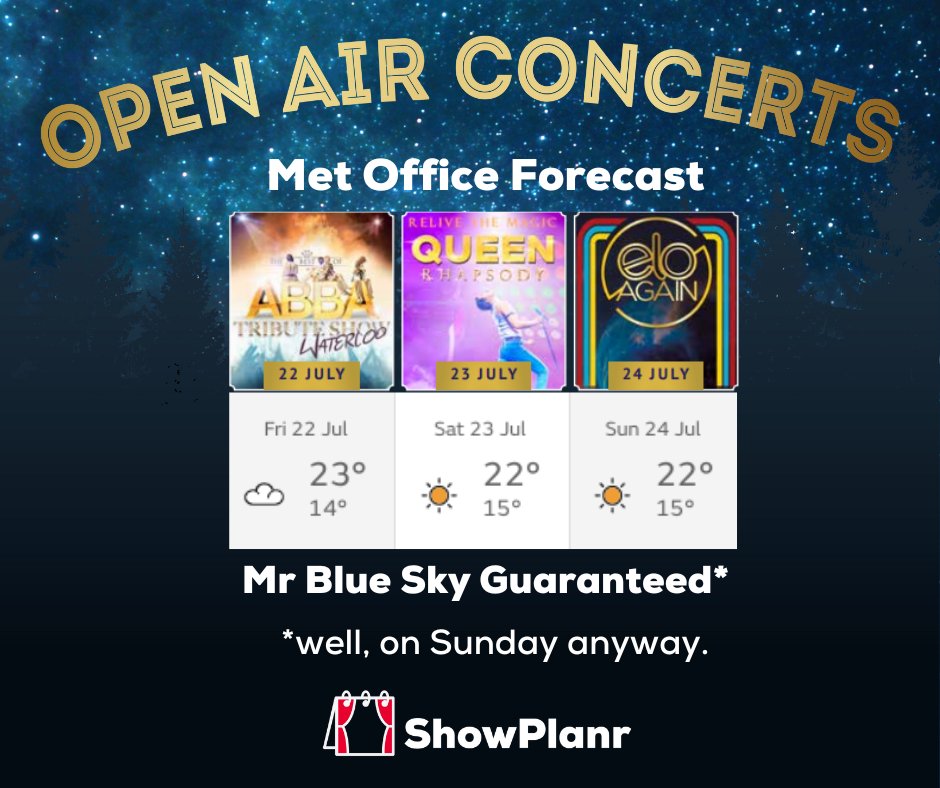 Last chance to book for the Open Air Concerts this weekend at @TankMuseum  with @Waterloo - The Best of ABBA  , @Queen Rhapsody and @ELO_AGAIN ... and now it's time for the weather... 😎 #showplanr #mrcpresents #openairconcerts #tickets #dorset
