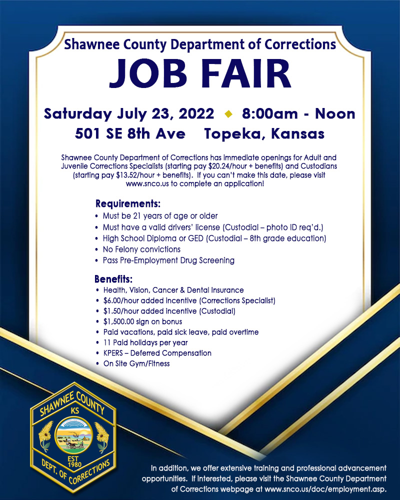 Need a career change? Join us Saturday 07/23/22 from 8am - noon. Conducting on the spot interviews for Corrections Officers and Custodians. Openings in clerical and maintenance as well.