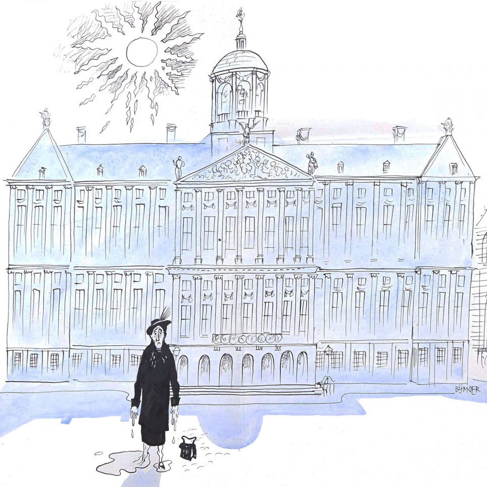 Denk aan juffrouw Scholten,
die is vandaag gesmolten, 🫠 
helemaal gesmolten, op de Dam.
Dat kwam door de hitte,
daar is ze in gaan zitten
- als je soms wil weten hoe het kwam.

‘Pas op voor de hitte’, Annie M.G. Schmidt. Tekening: Wim Bijmoer. Lees meer: bit.ly/3PfVomJ