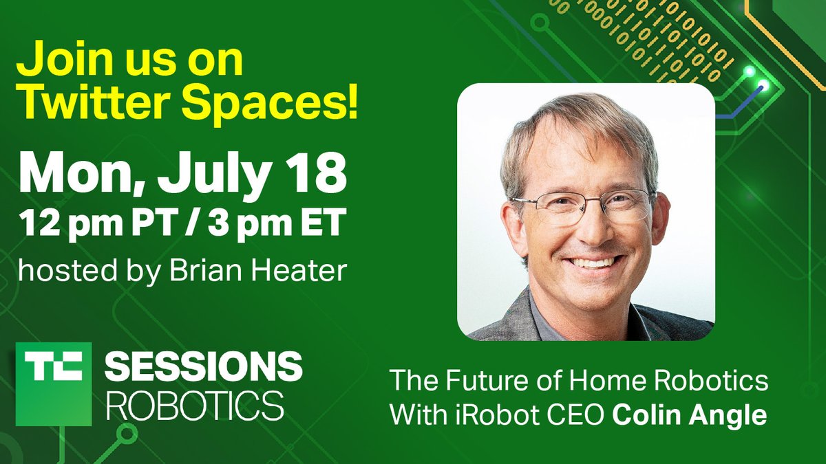 TechCrunch (@techcrunch) on Twitter photo We are thrilled to be joined by <a href="/iRobot/">iRobot</a> CEO <a href="/colinangle/">Colin Angle</a> to chat through the state -- and future -- of the home robot with <a href="/bheater/">Brian Heater</a> this afternoon.
Click the link below to set a reminder so you won't miss it!
x.com/i/spaces/1mrxm… We are thrilled to be joined by <a href="/iRobot/">iRobot</a> CEO <a href="/colinangle/">Colin Angle</a> to chat through the state -- and future -- of the home robot with <a href="/bheater/">Brian Heater</a> this afternoon.
Click the link below to set a reminder so you won't miss it!
x.com/i/spaces/1mrxm…