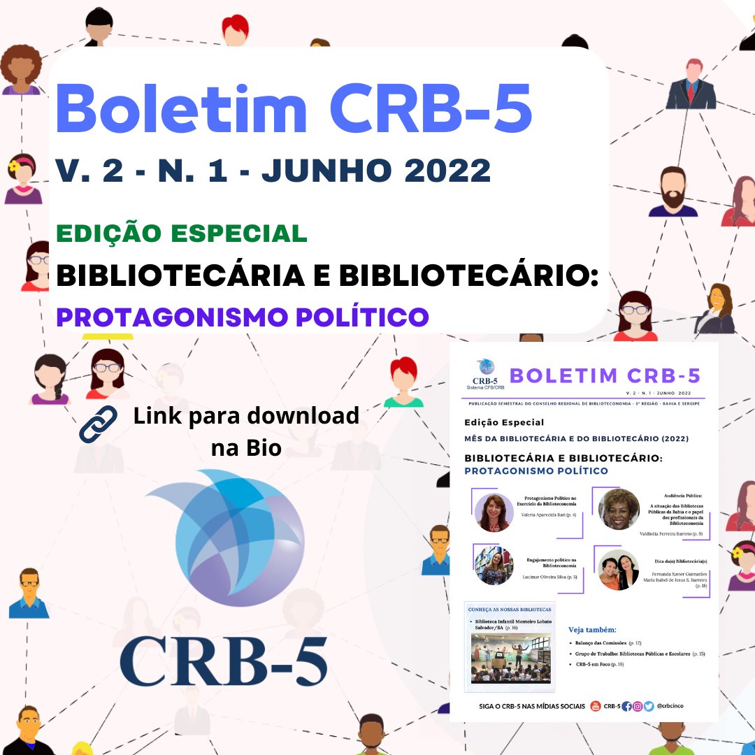 crbcinco's tweet photo. Nova edição no Boletim do CRB-5
Edição Especial: Bibliotecária e Bibliotecário:
Protagonismo Político
V. 2 N. 1 JUNHO 2022
Ótima leitura!
Link na descrição
#ParaTodosVerem
#ParaCegoVer
#BoletimCRB5
#ProtagonismoPolítico
#Bibliotecário
#Bibliotecária
#CRB5 https://t.co/8A4sxYKVks