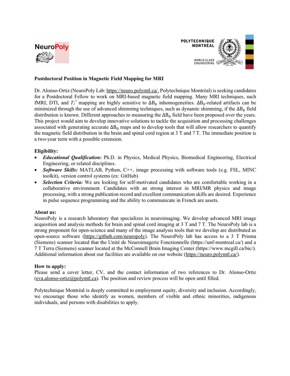 NeuroPoly (@polyneuro) on Twitter photo Want to work on B0 mapping, magnetic susceptibility and shimming? Check out the attached advert for information on a postdoc opportunity at @NeuroPoly and email eva.alonso-ortiz@polymtl.ca if interested. Want to work on B0 mapping, magnetic susceptibility and shimming? Check out the attached advert for information on a postdoc opportunity at @NeuroPoly and email eva.alonso-ortiz@polymtl.ca if interested.