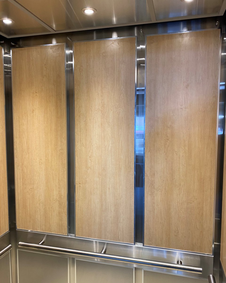 Nice cab upgrade at 4520 Huron with our friends @brockelevator. Complete with Mission Maple laminate above the handrail and 2WL Stainless Steel below. Sharp looking upgrade! #brockelevators #VDFVertical #elevator #lift