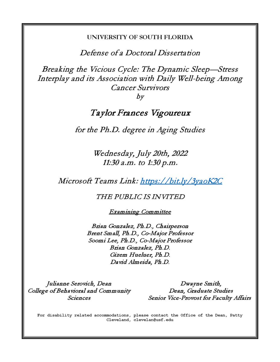 FPRC_USF's tweet photo. #cancersurvivors and #cancersupporters
Wed., July 20 at 11:30 a.m. EST Taylor  Vigoureux's Doctoral Dissertation Defense: The Dynamic Sleep—Stress Interplay and its Association with Daily Well-being Among Cancer Survivors- 
 
The MS Teams link below:
 
https://t.co/UVL7GRjmgQ https://t.co/EBBrZN0CRK