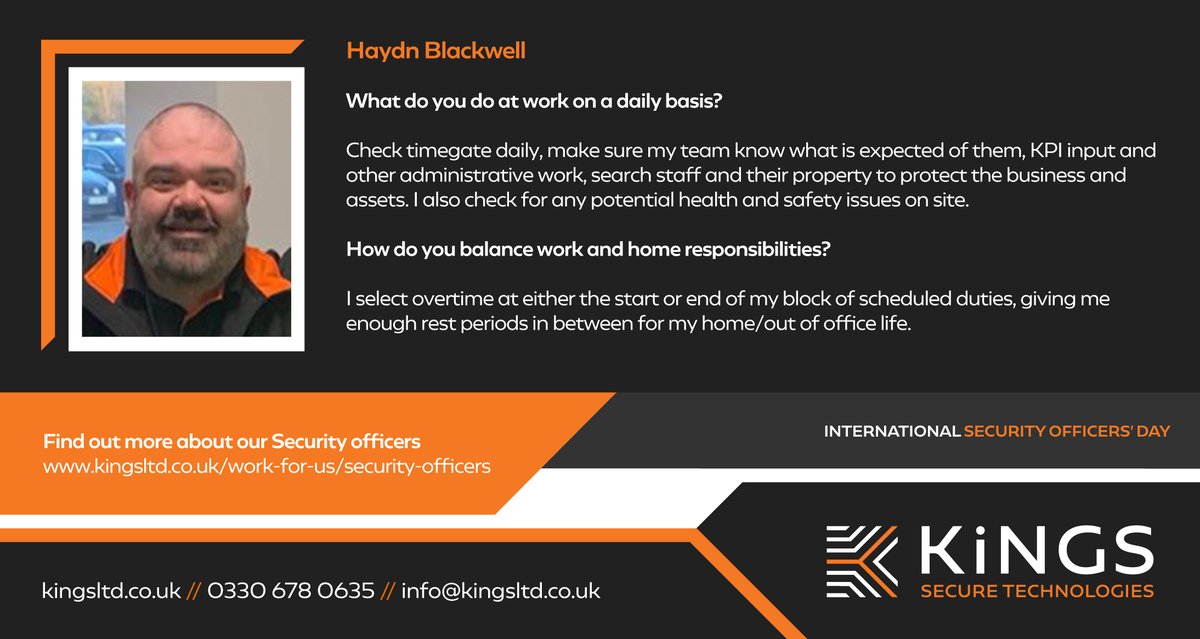 kingsltd's tweet photo. Our first testimonial for International Security Officers' Day is from Haydn Blackwell, a Supervisor for Evri NRC in Rugby.
#KST #thankyousecurityofficers #iamakeyworker #hiddenworkforce #internationalsecurityofficersday #celebrate #security
https://t.co/khNMCDfoPo https://t.co/9i4ST49hyp
