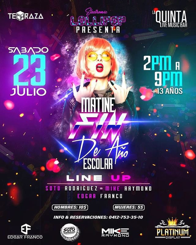 laQuintabart's tweet photo. El próximo sábado 23/07 es la Fiesta De cierre de año 2022 de @electroniclollipop 🎓

Habrá MATINE para +13 años🙌🏼🙌🏼🙌🏼

🕛Ven a Bailar de 2pm a 9pm😎 y dale un Cierre 💯% VIP con este LINE UP⤵️

@sotorodriguezofficial 
@djmikeraymond 
@djedgarfranco 

ENQUINTATE🔥

#laquintabar https://t.co/LTNU0uhfSH