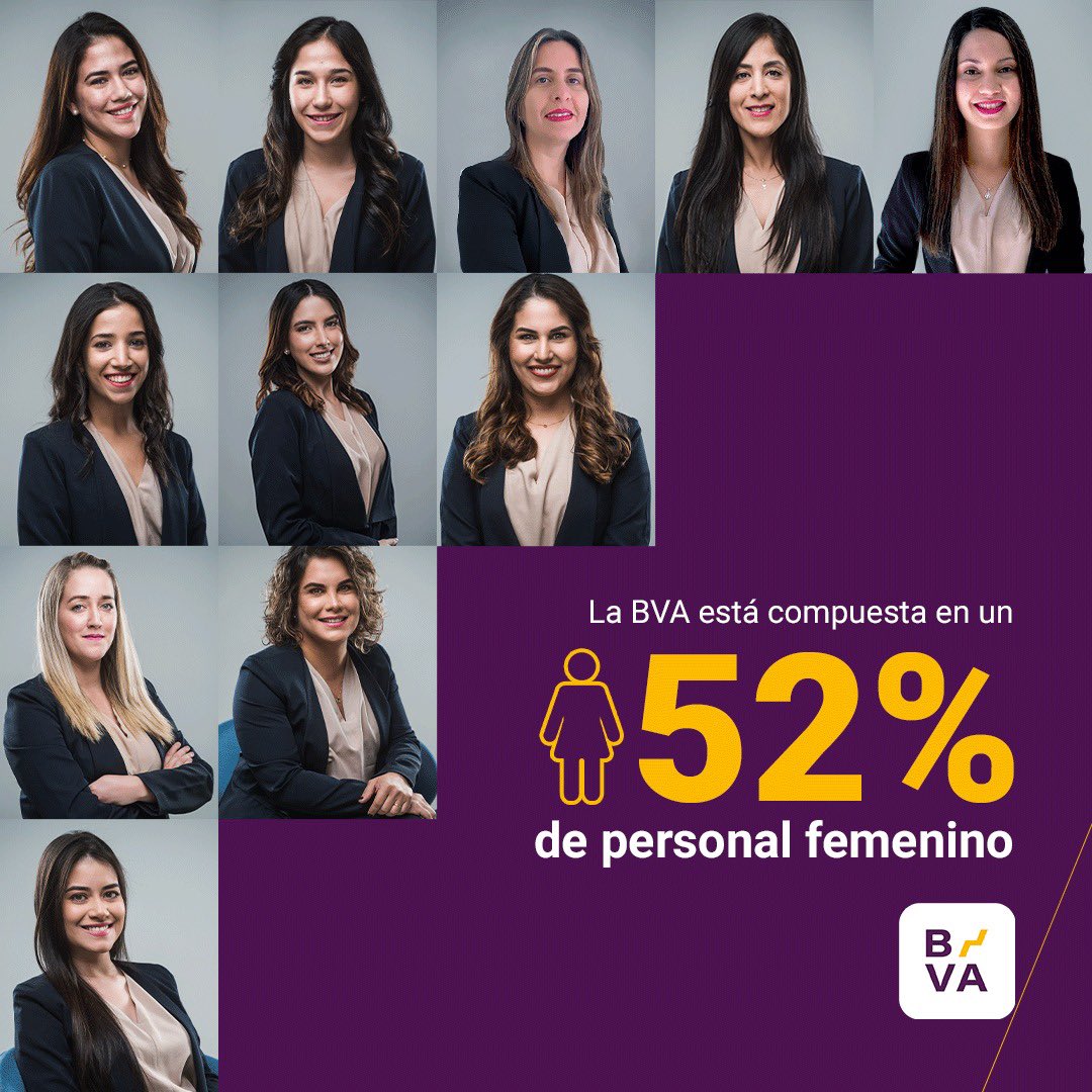 bvaoficial's tweet photo. Un atributo sumamente importante de la Bolsa de Valores es que se encuentra conformada en un 52% por personal femenino 👩🏻‍💼 

Nos enorgullece que ellas sean líderes y logren importantes hitos profesionales, como lo hizo Elena Acosta👩🏻‍💻 https://t.co/TprMlFscew