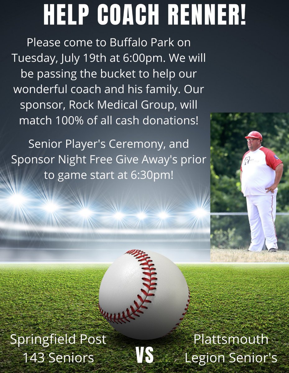 Home finale on Tuesday July 19th at Buffalo Park. We will have a lot going on as we send our seniors off as well as kicking off a fundraising campaign for Coach Renner.