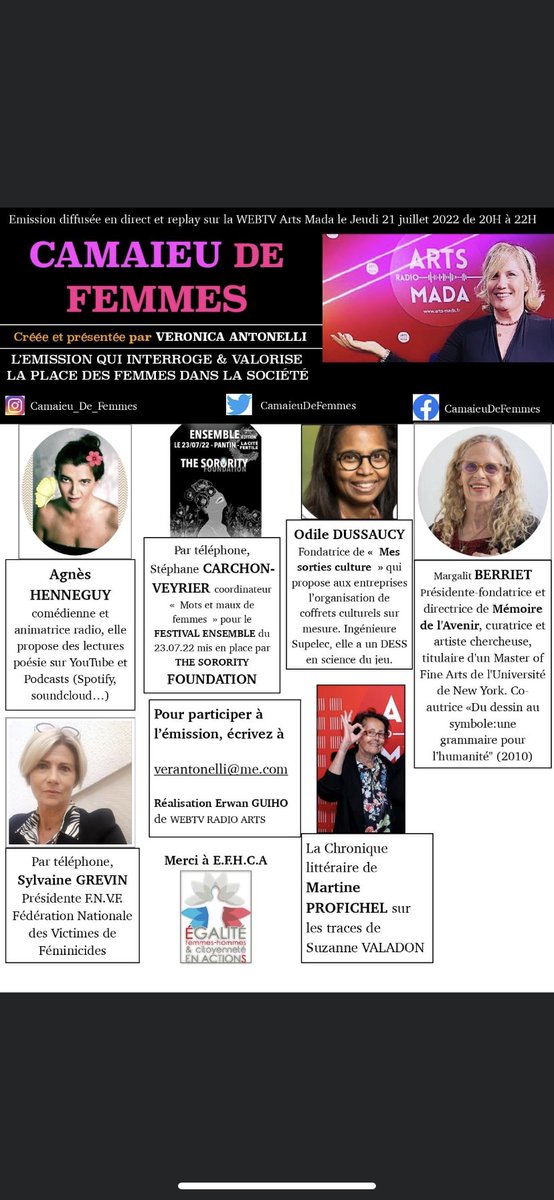 camaieudefemmes's tweet photo. Mes invitées de jeudi 21/07/22 20h-22h dans #camaieudefemmes #webtv @msortiesculture @Memoireavenir @FNVF19 @MotsetMauxFemme @jointhesorority #efhca @laverite_libere @GenEgaliteFR @Alter_Egales @FEGC_WAGE @RomeIsabelle @AgnesHenneguy @berriet https://t.co/AZXJXIxGuv