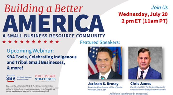SbaNative's tweet photo. Join us Wednesday, 7/20 at 2pm ET!
Building a Better America: A Small Business Resource Community with @ncaied 's Chris James! https://t.co/VT83QN0SAy https://t.co/UkMWTCLP0J