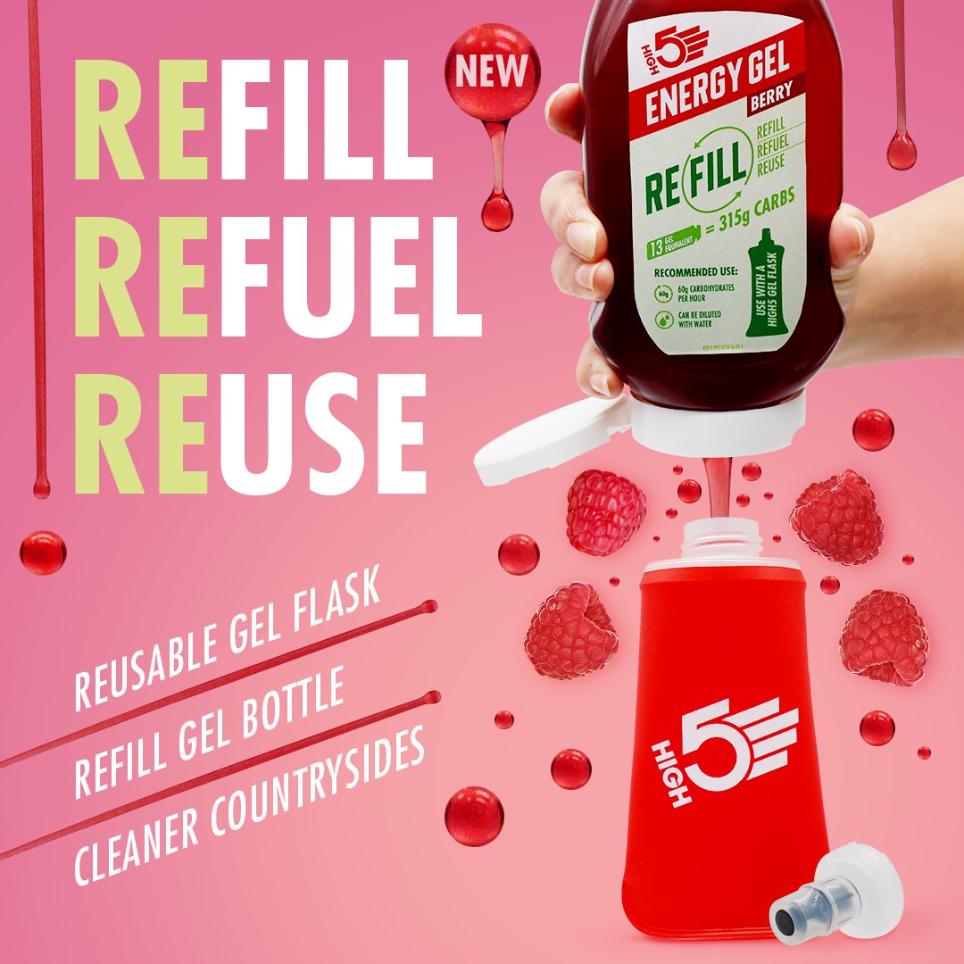 BRAND NEW: HIGH5 Reusable Gel Flask and Refill Gel Bottle 🍓 Our Reusable Gel Flask is a practicable and more sustainable solution for consuming energy gel during your workouts ⚡ REFILL. REFUEL. REUSE! Want to try for yourself? 👉 bit.ly/3zcnQ3k #HIGH5Fuelled