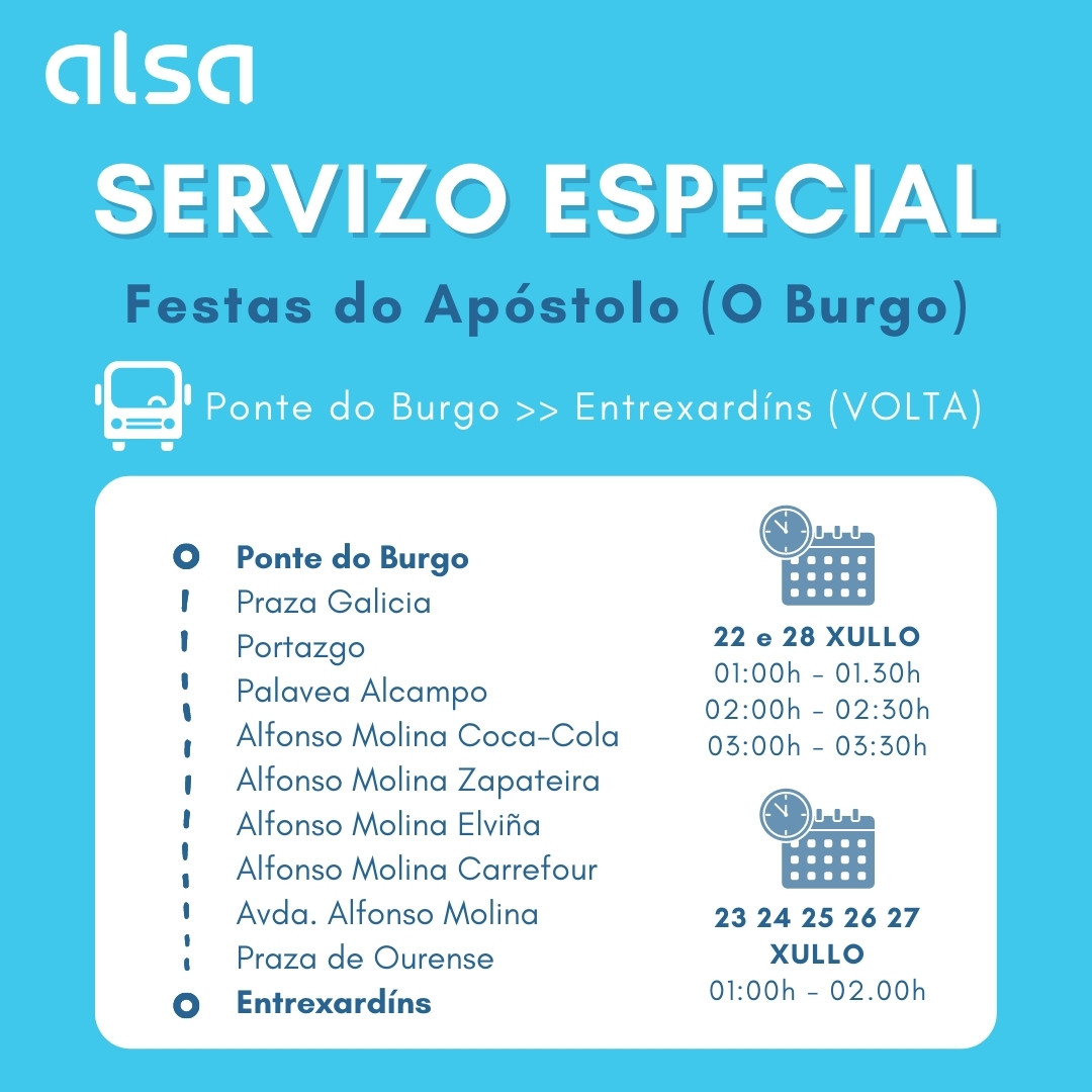 Alsa_CalPita's tweet photo. ⚠ SERVIZO ESPECIAL ⚠
🚍 Con motivo das Festas do Apóstolo no Burgo, @ConcCulleredo, poremos en marcha servizos especiais de autobús.
🚏Entrexardíns >> Ponte do Burgo
🚏Ponte do Burgo >> Entrexardíns
_
#Alsa #Bus #MóveteConAlsa #TransportePúblico #ACPASC https://t.co/gkb88fxHHY
