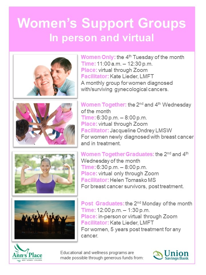 Free &amp; confidential Women’s Support Groups at Ann’s Place for all stages of your cancer journey. Email clientservices@annsplace.org or call (203) 790-6568 to register or for more information.