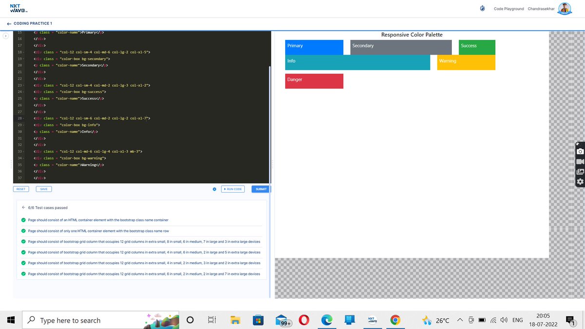 chandukuruvaa's tweet photo. Hello Folks ☺

As a part of #independencedaymegachallenge I had Completed the Responsive Web Design &amp; Bootstrap Grid System > Coding Practice 1 👨🏻‍💻

Thanks to @rahulattuluri  @sashankreddy07  @girishakash13  and @nxtwave_tech😇

#1hourofcode #codingpractice1 #responsivewebdesign https://t.co/8VSHTAXD7v