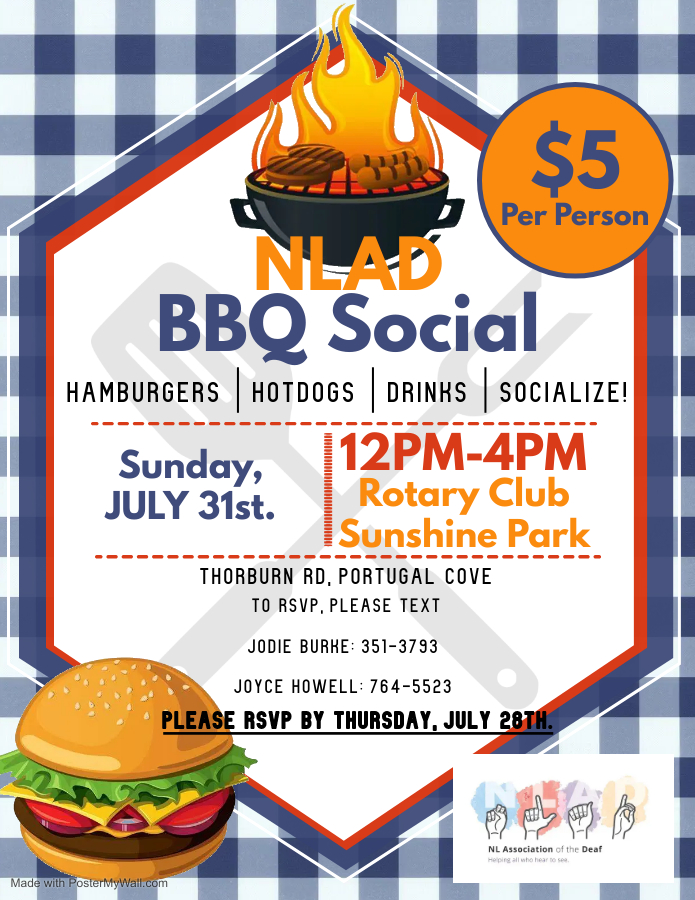 NL_Assoc_Deaf's tweet photo. Good Afternoon #NLDeafCommunity! @NL_Assoc_Deaf is hosting a BBQ Social, Sunday July 31st at Sunshine Park. Please see the information below, and it is $5/person.
Looking forward to seeing you! #SummerIsBBQSeason #DeafSocial https://t.co/ivLGAkq1OH