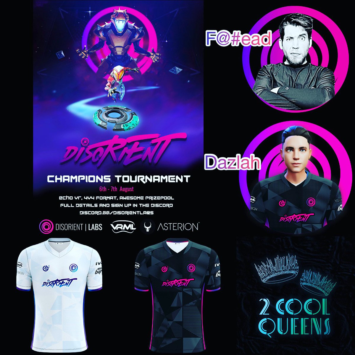 TONIGHT @ 930pmEDT we are showing some love and support to a fellow VR Organization <a href="/DisorientLabs/">Dazlah</a>! We will have on two of the founders or this org: Dazlah and F@#ead! GIVEAWAY: custom DISORIENT jersey!! 

🚨DISORIENT Champions Echo Arena Tournament!🚨

twitch.tv/viridis_media