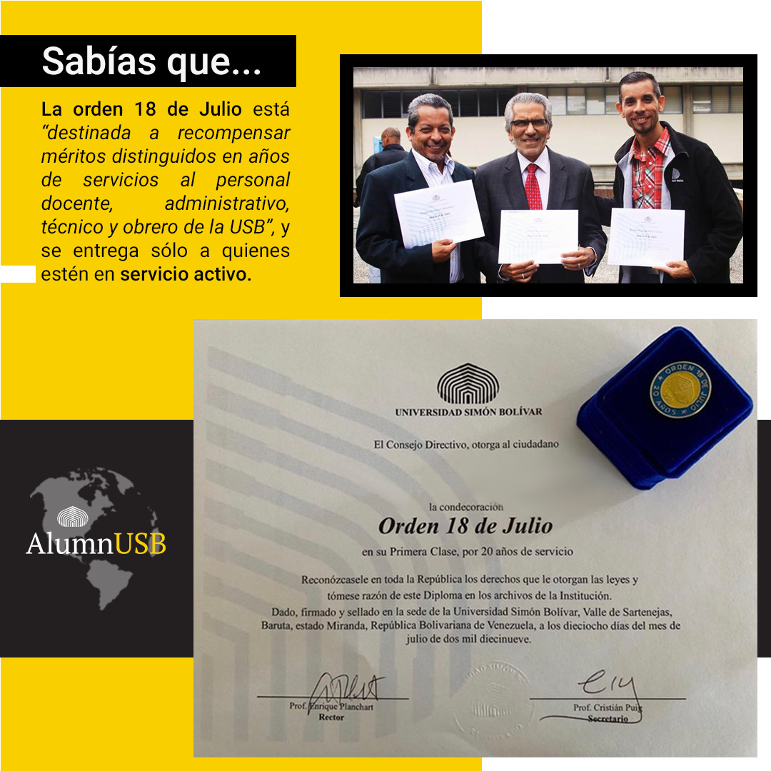 Alumn_USB's tweet photo. Hoy 18 de Julio del 2022, después de 2 años de confinamiento por el COVID-19, la USB entregará la Orden 18 de Julio a todos los profesores, empleados administrativos, técnicos y obreros como reconocimiento a sus años de servicio en la USB.
#AlumnUSB #ConectaConLaUSB https://t.co/QIy0fvQ6Qo