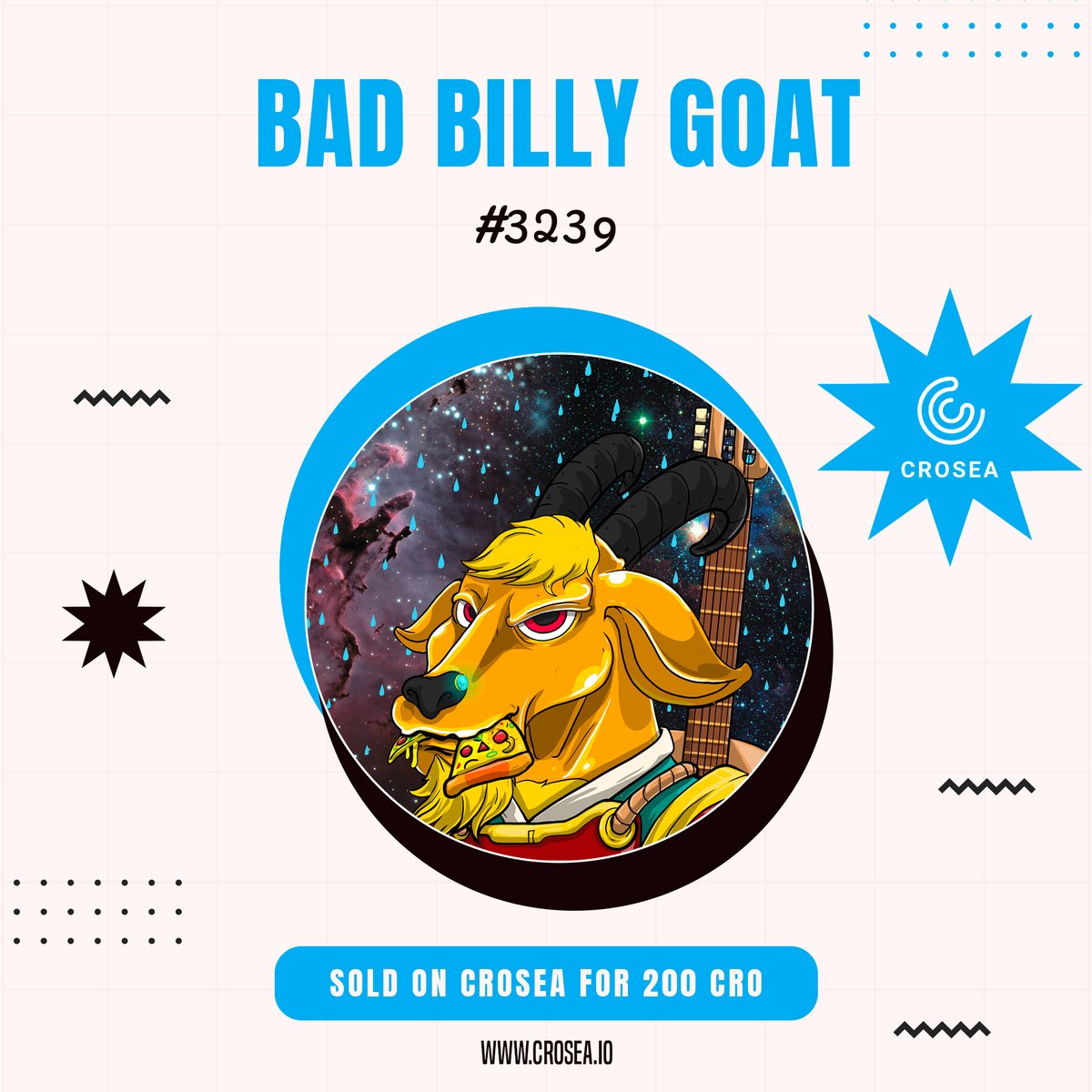 croseanft's tweet photo. #NFT sold: #BadBillyGoat #3239 sold on #CroSea #NFTMarketplace for 200 #Cro.

List your #BadBillyGoat #NFTs on #crosea, the #best and #open marketplace for your #CronosNFT

Check out the collection here: 
https://t.co/TxyRAUH3mv

#crofam #crofamily #Cronos #cronoschain #FFTB https://t.co/y50V1aILGR