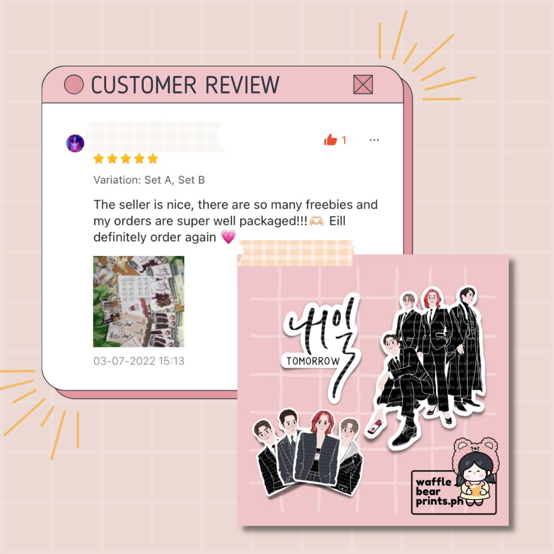 wafflebearprint's tweet photo. Waffles Bearies!

Sharing reviews from our shopee buyers of Tomorrow Fanart Sticker Sets. :)

Glad to get positive feedbacks!

Have a happy weekend!

----
#tomorrow #TomorrowKDrama #kdrama #kdramafanart #kdramastickersph  #shopee #smallbusiness #stickersph https://t.co/Y6g4jXOesN