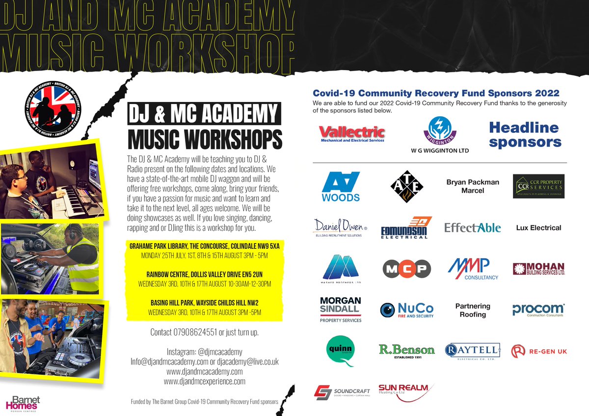 TBG Community Engagement Team (@community_tbg) on Twitter photo Excited to have <a href="/Britdjacademy/">DJ & MC Academy</a> back in #barnet doing what they do best for young people in #grahamepark #dollisvalley and #childshill in partnership with <a href="/FUSEC_I_C/">F.U.S.E</a> <a href="/thochorg/">THOCH</a> and Barnet community Projects. Funded by sponsors of <a href="/thebarnetgroup/">The Barnet Group</a> Covid-19 community recovery fund Excited to have <a href="/Britdjacademy/">DJ & MC Academy</a> back in #barnet doing what they do best for young people in #grahamepark #dollisvalley and #childshill in partnership with <a href="/FUSEC_I_C/">F.U.S.E</a> <a href="/thochorg/">THOCH</a> and Barnet community Projects. Funded by sponsors of <a href="/thebarnetgroup/">The Barnet Group</a> Covid-19 community recovery fund