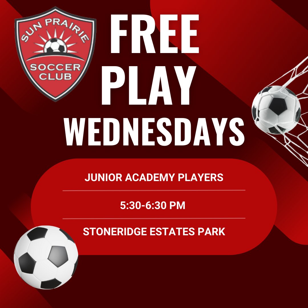 Don't forget! This Wednesday is FREE PLAY WEDNESDAY! All Junior Academy players are invited for pick up games at Stoneridge Park 5:30-6:30 PM.