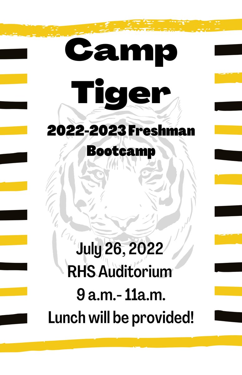 RipleyHS's tweet photo. Freshman are invited to attend a boot camp to help them transition to RHS. Student registration must be complete before Camp Tiger so students are able to locate their classrooms during this event. https://t.co/TfR1Rg0Xzd