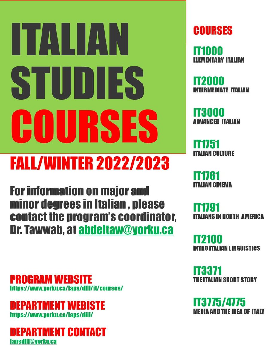 YORK U DLLL (@yorku_dlll) on Twitter photo Take a look at all the wonderful Italian courses that we have to offer!!! Feel free to contact us with any questions!!! #DLLL #Italian #yorkuniversity #yorku #yorkulaps <a href="/yorkulaps/">Faculty of Liberal Arts & Professional Studies</a> Take a look at all the wonderful Italian courses that we have to offer!!! Feel free to contact us with any questions!!! #DLLL #Italian #yorkuniversity #yorku #yorkulaps <a href="/yorkulaps/">Faculty of Liberal Arts & Professional Studies</a>